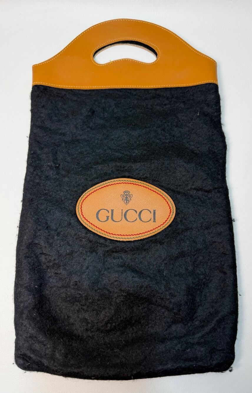 Vintage 1970s Gucci Black Wool-Rayon Felt Cutout Top-Handle Shopper Tote Bag